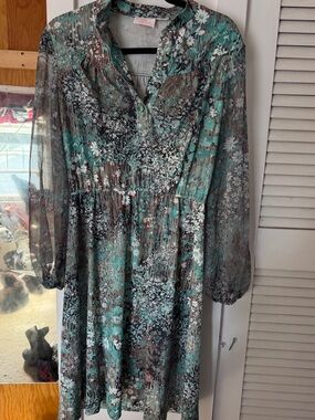 Vintage 1970s Floral Long-Sleeve Day Dress in Teal and Black